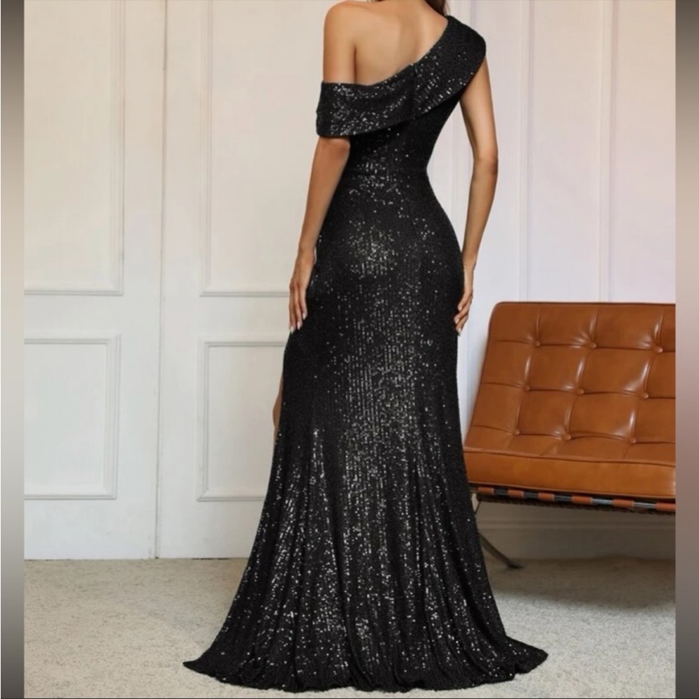 Luxe black slit thigh party formal wedding bridesmaids dress - Picture 3 of 6